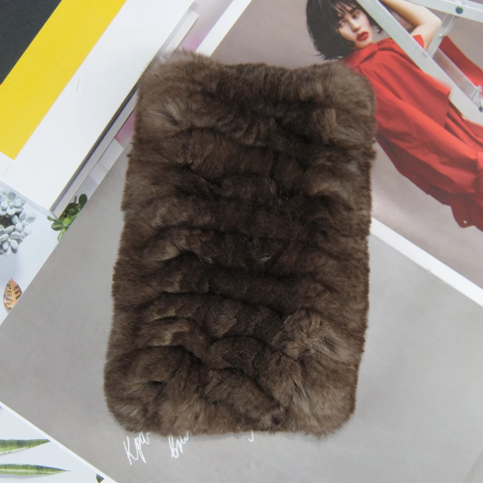 Real Rex Rabbit Fur Scarf - Women's Handmade Knit Cowl & Headband for Winter