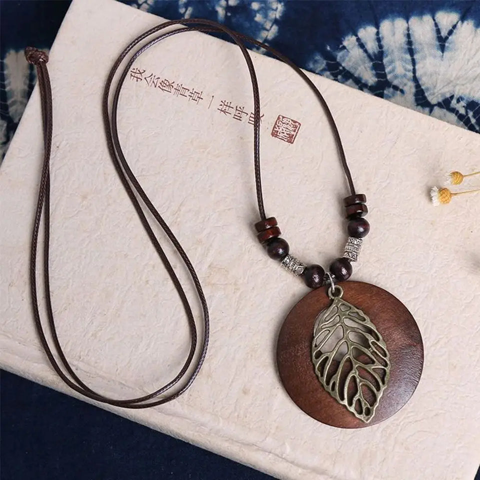 Retro Wooden Leaf Owl Necklace - Women's Long Chain with Clock Pendant Jewelry