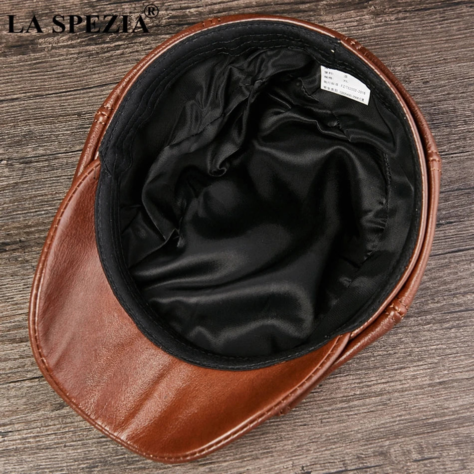 LA SPEZIA Men's Genuine Leather Newsboy Hat - Black Octagonal Cap with Vintage Style