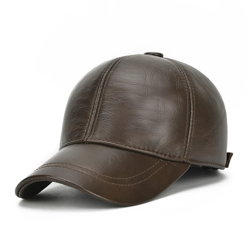 Adjustable Men's Genuine Cowhide Leather Baseball Cap - Fall Winter Sports Hat