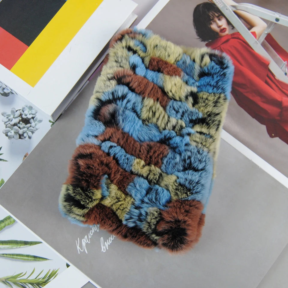 Real Rex Rabbit Fur Scarf - Women's Handmade Knit Cowl & Headband for Winter