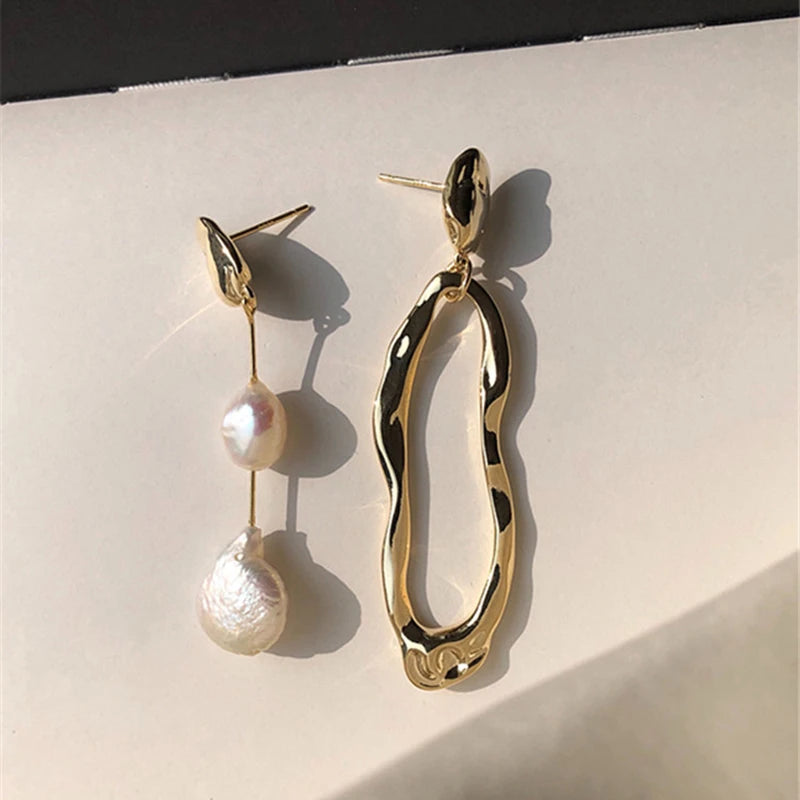 Asymmetric Freshwater Pearl Studs - Elegant Long Metallic Earrings