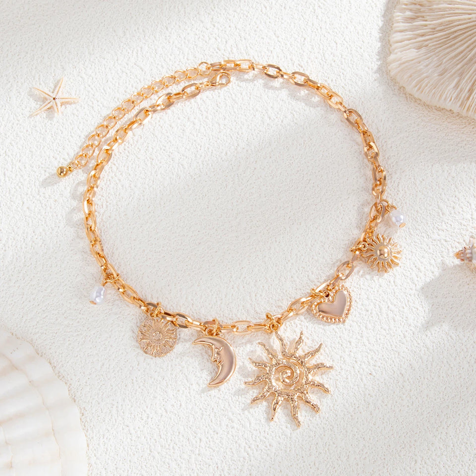 Ingemark Vintage Heart Sun Moon Necklace - Creative Alloy Chain Choker for Bridal Jewelry