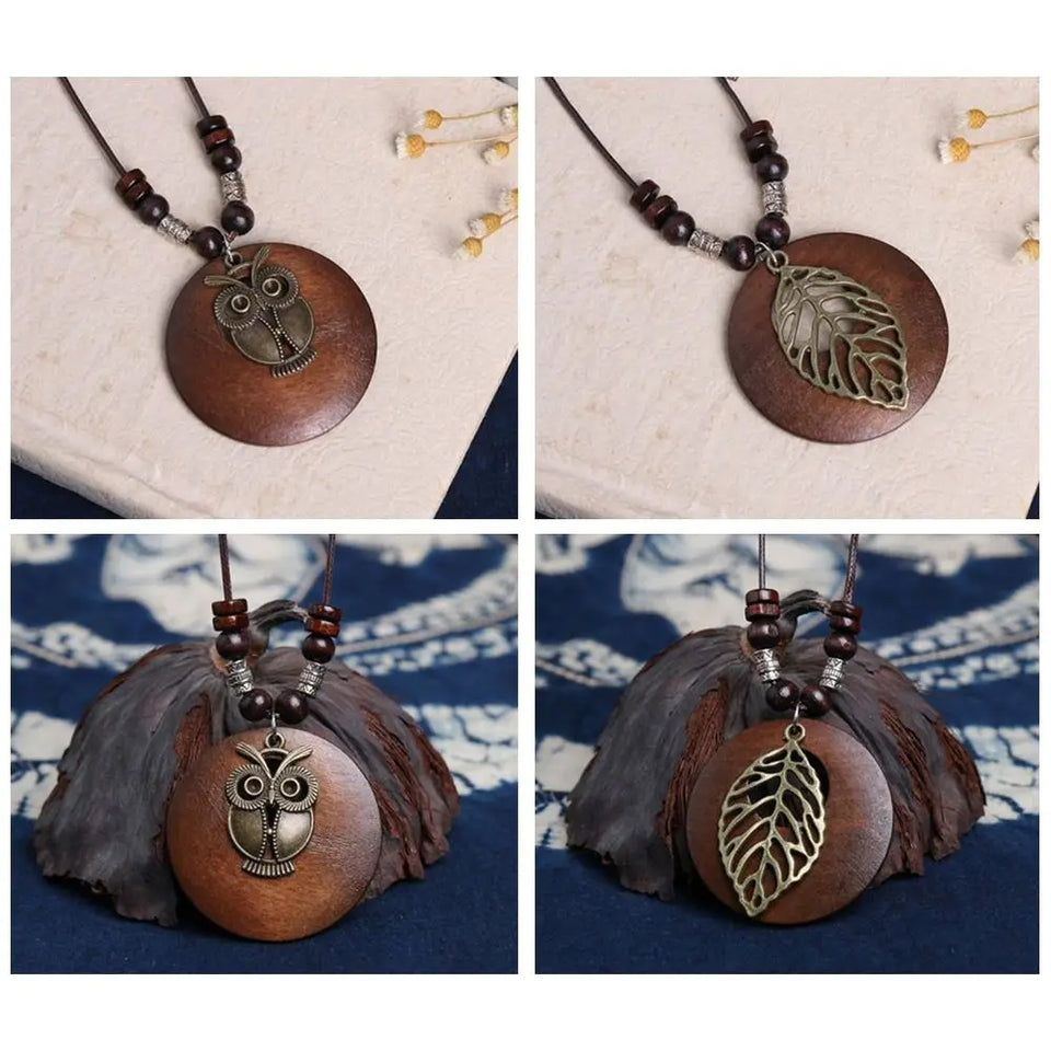 Retro Wooden Leaf Owl Necklace - Women's Long Chain with Clock Pendant Jewelry