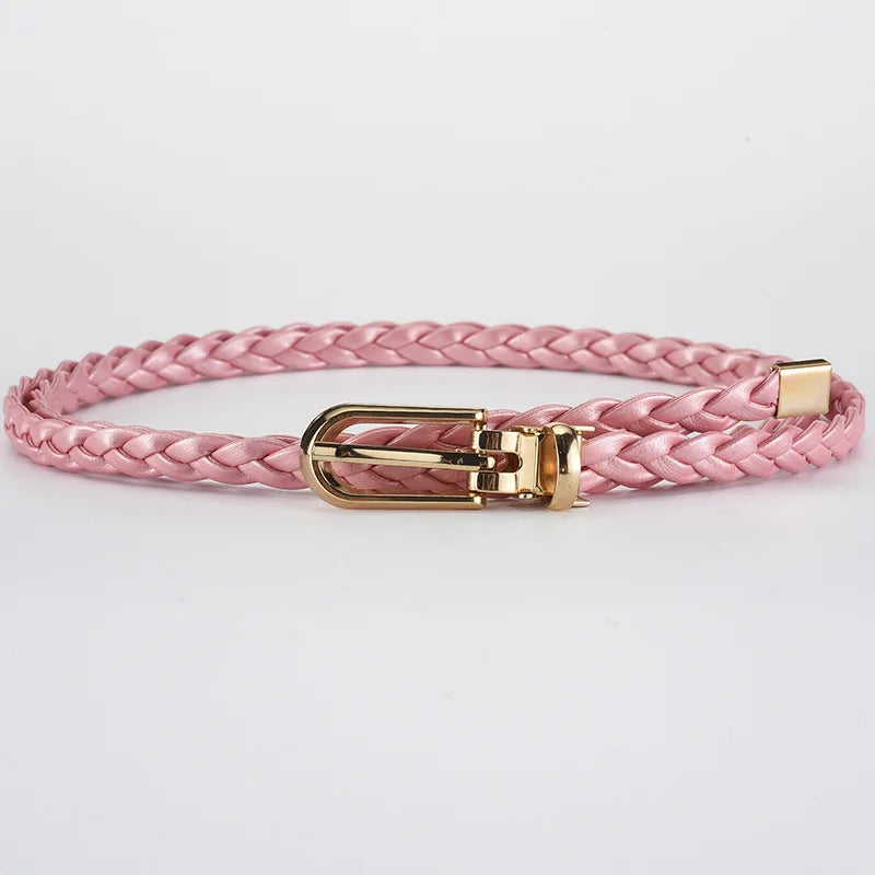 0.8cm Thin Braided PU Leather Belt - Women's Pin Buckle Waistband 110cm