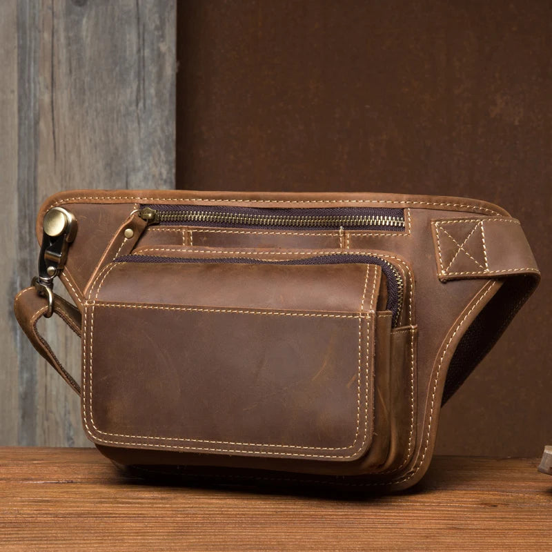 Men's Leather Crossbody Bag - Multi-Function Waist Bag for Sports & Casual Wear