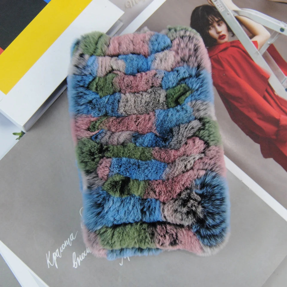 Real Rex Rabbit Fur Scarf - Women's Handmade Knit Cowl & Headband for Winter