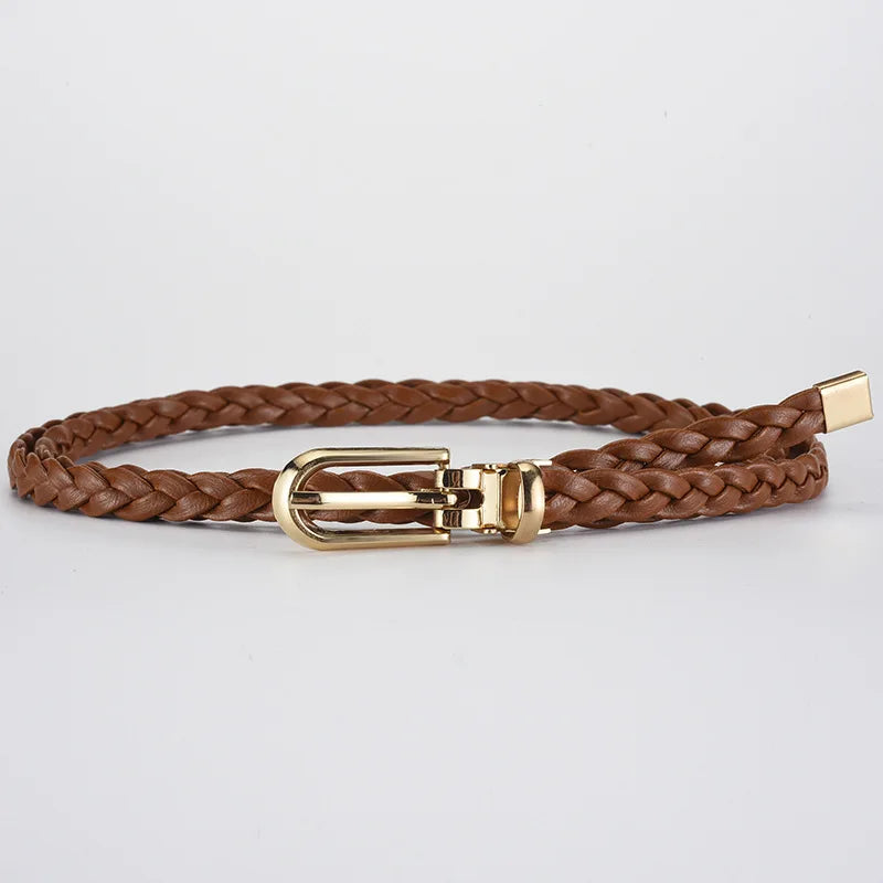 0.8cm Thin Braided PU Leather Belt - Women's Pin Buckle Waistband 110cm