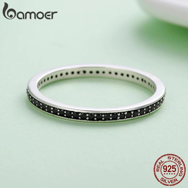 Double Circle Sterling Silver Ring - Black Clear CZ Stackable Women's Fine Jewelry