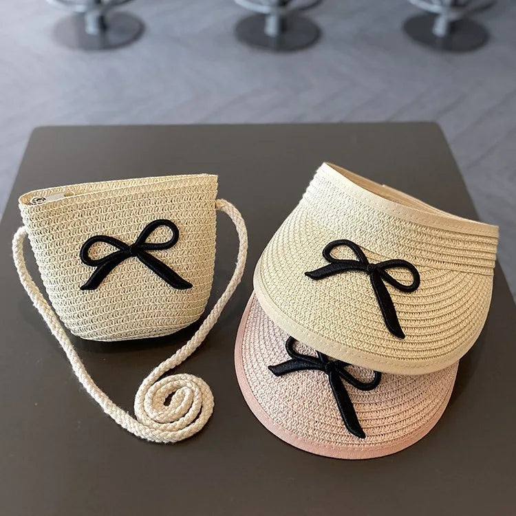 Large Brim Straw Sun Hat & Bag Set - Girls' Summer Beach Visor with Bowknot
