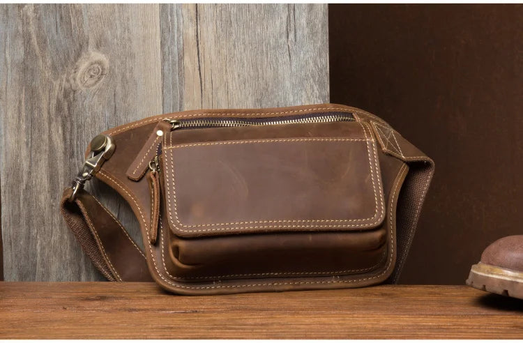 Men's Leather Crossbody Bag - Multi-Function Waist Bag for Sports & Casual Wear