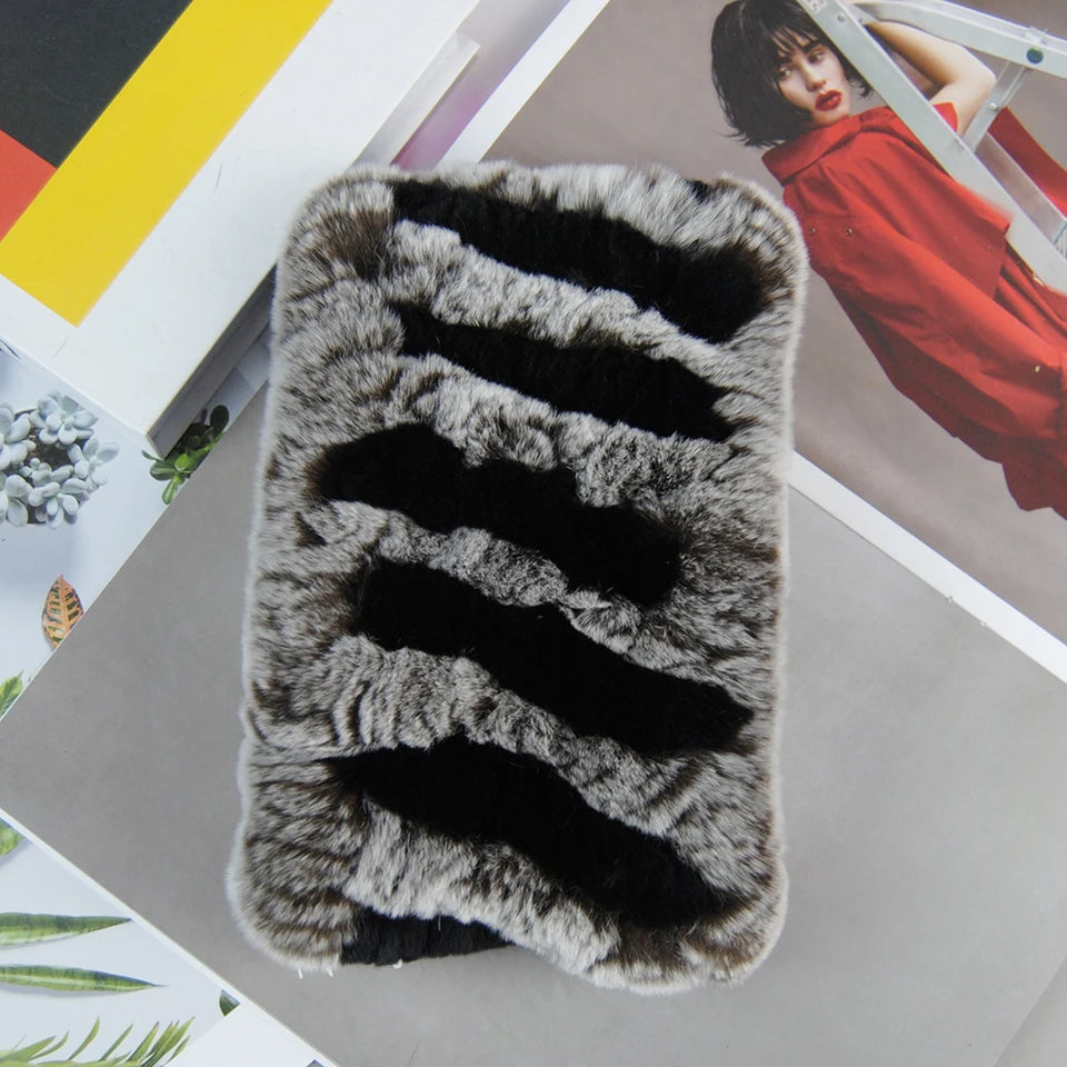 Real Rex Rabbit Fur Scarf - Women's Handmade Knit Cowl & Headband for Winter