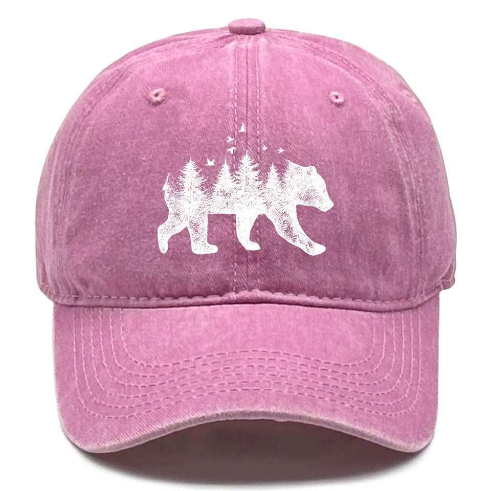 Washed Cotton Snapback Cap - Forest Bear Distressed Baseball Hat