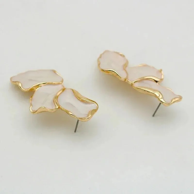Statement Metal Flower Earrings - Women's Cream & Gold-Plated Fashion Studs
