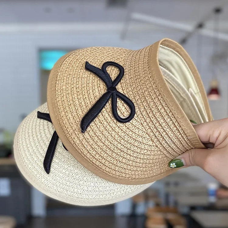Large Brim Straw Sun Hat & Bag Set - Girls' Summer Beach Visor with Bowknot