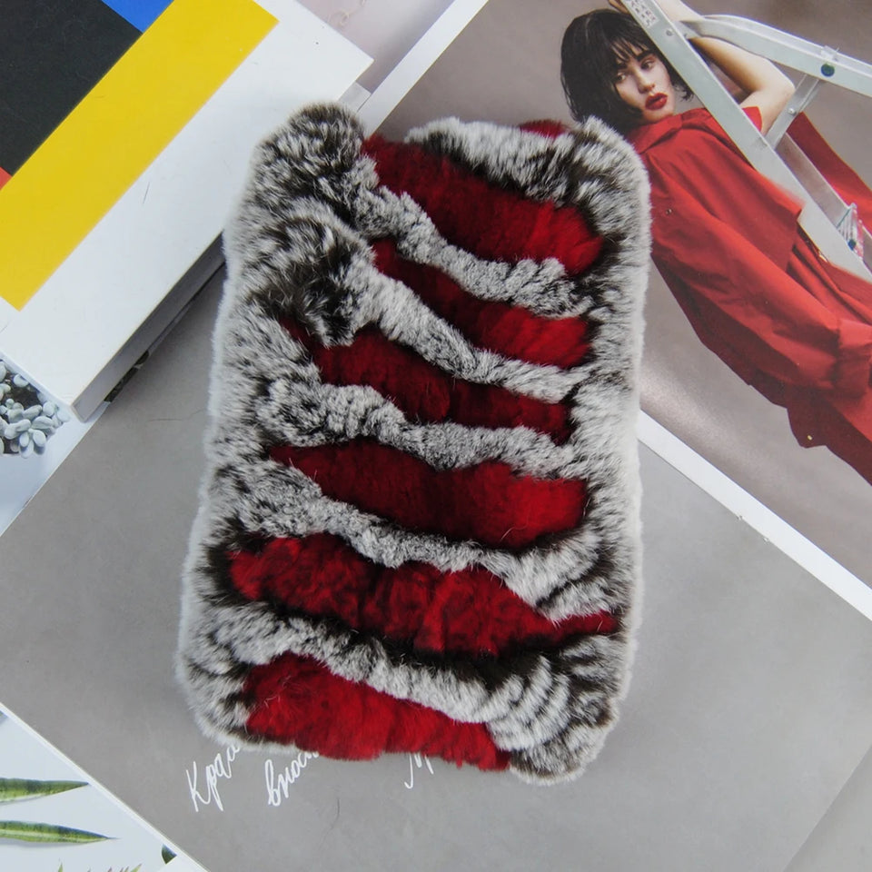 Real Rex Rabbit Fur Scarf - Women's Handmade Knit Cowl & Headband for Winter