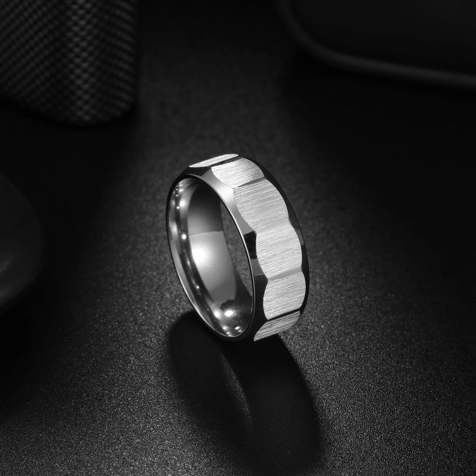 Multi-Sided Silver Ring - Stainless Steel Grooved Design