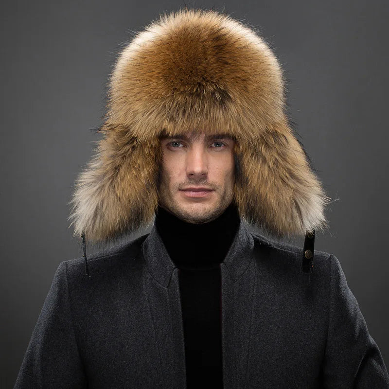 Men's Luxury Fox Fur Hat - 100% Sheepskin Ushanka with Ear Flaps