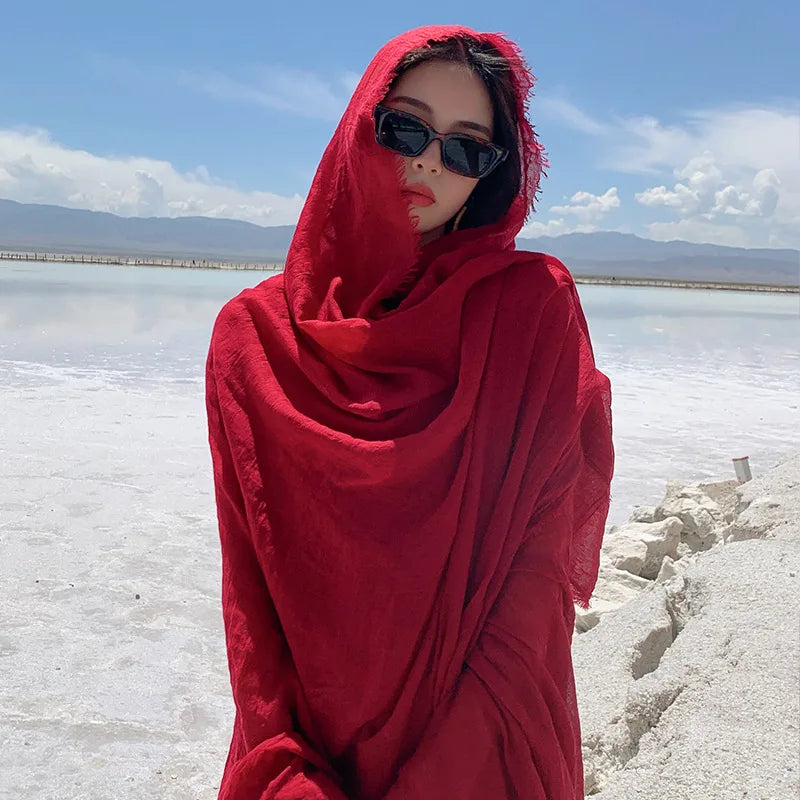 Red Photo Print Beach Scarf - Cotton Linen Sunscreen Shawl for Women's Travel