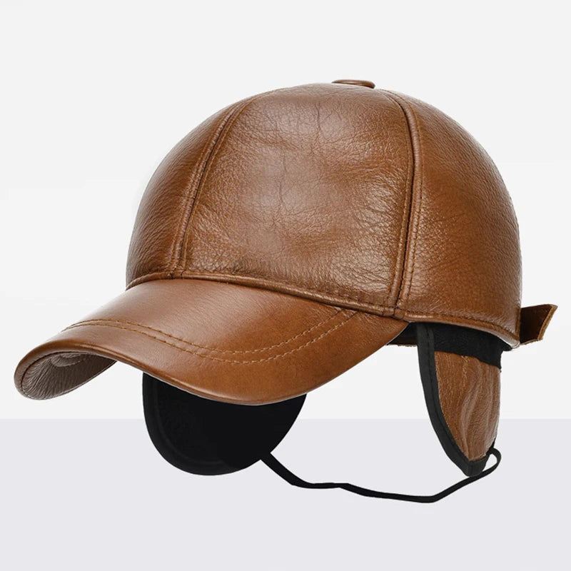 Adjustable Men's Genuine Cowhide Leather Baseball Cap - Fall Winter Sports Hat