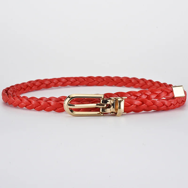 0.8cm Thin Braided PU Leather Belt - Women's Pin Buckle Waistband 110cm