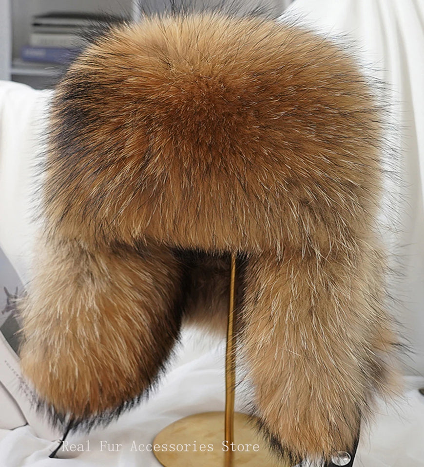 Men's Luxury Fox Fur Hat - 100% Sheepskin Ushanka with Ear Flaps