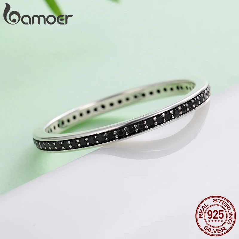 Double Circle Sterling Silver Ring - Black Clear CZ Stackable Women's Fine Jewelry