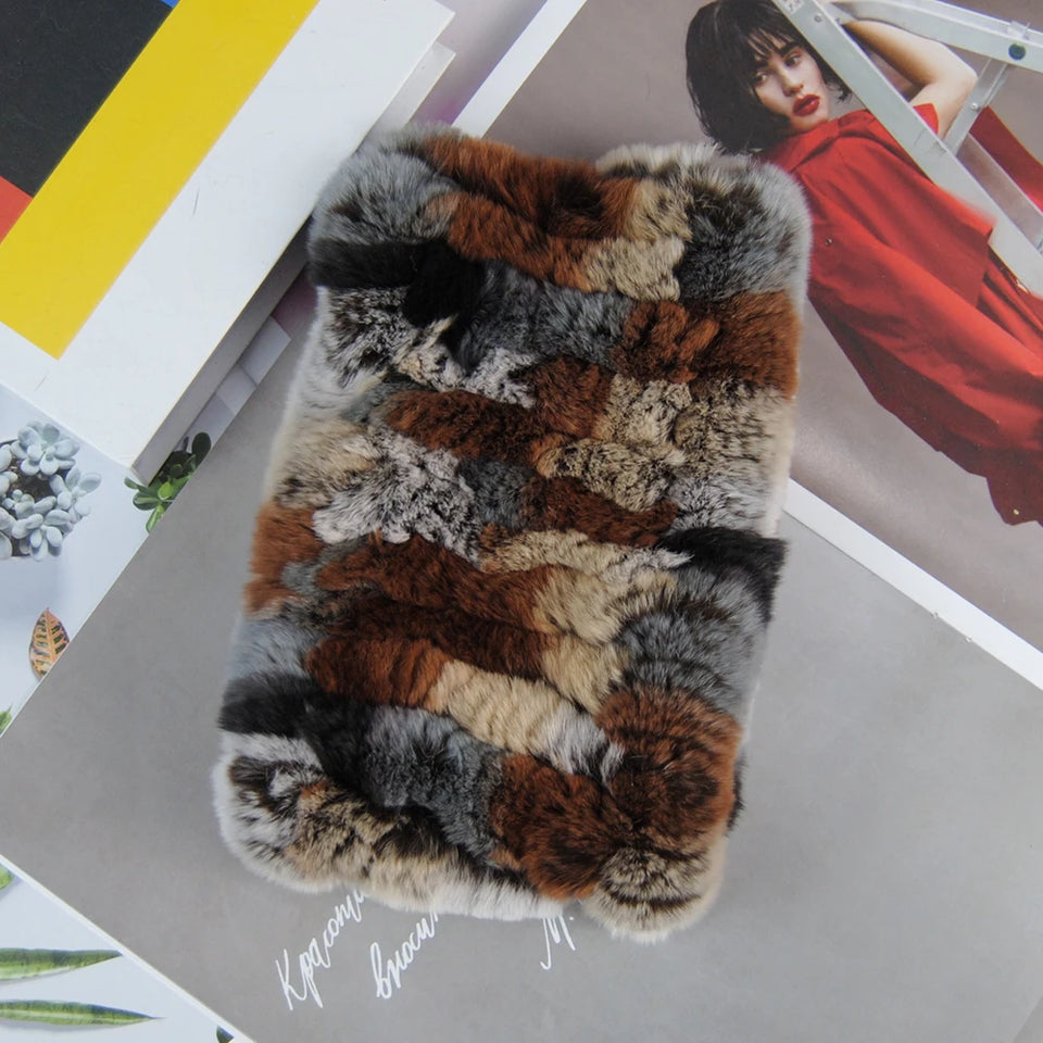 Real Rex Rabbit Fur Scarf - Women's Handmade Knit Cowl & Headband for Winter