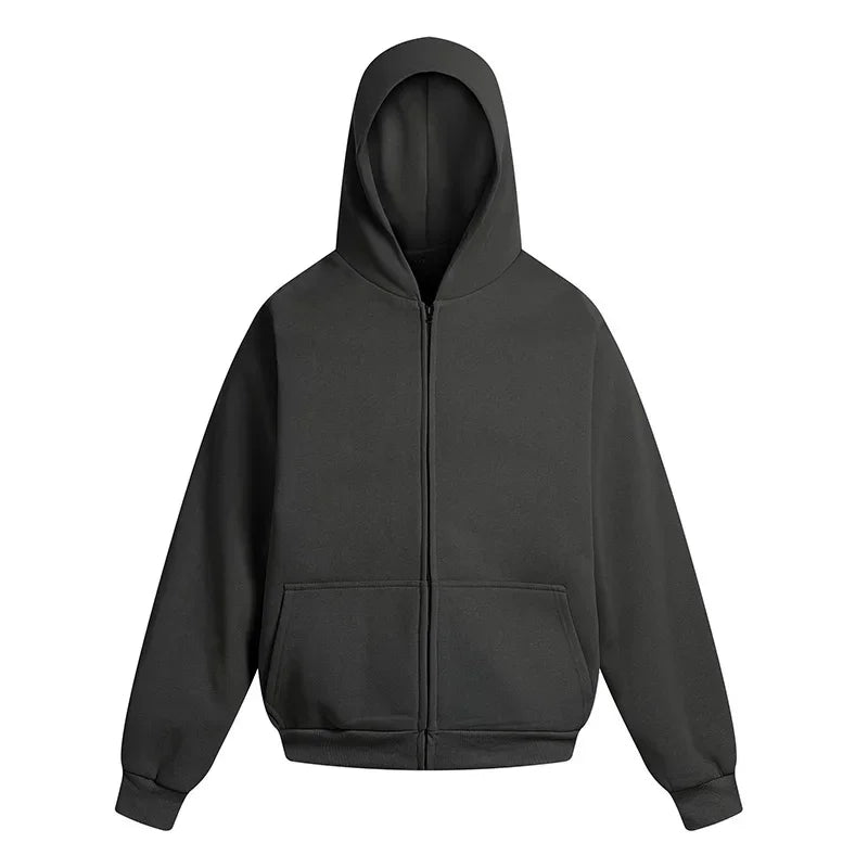 Wide Style Cotton Hoodie - Heavy Double Layer Unisex Zipper Coat