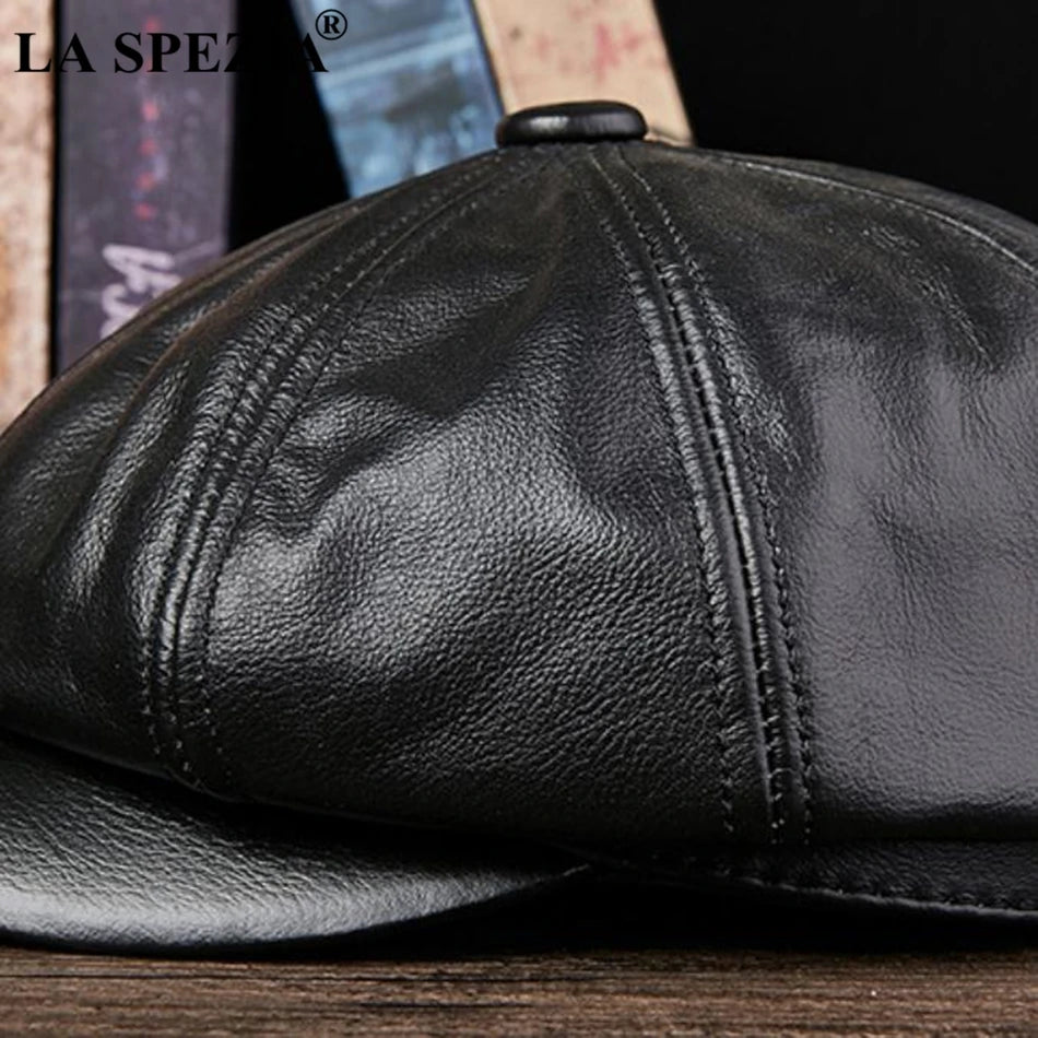 LA SPEZIA Men's Genuine Leather Newsboy Hat - Black Octagonal Cap with Vintage Style
