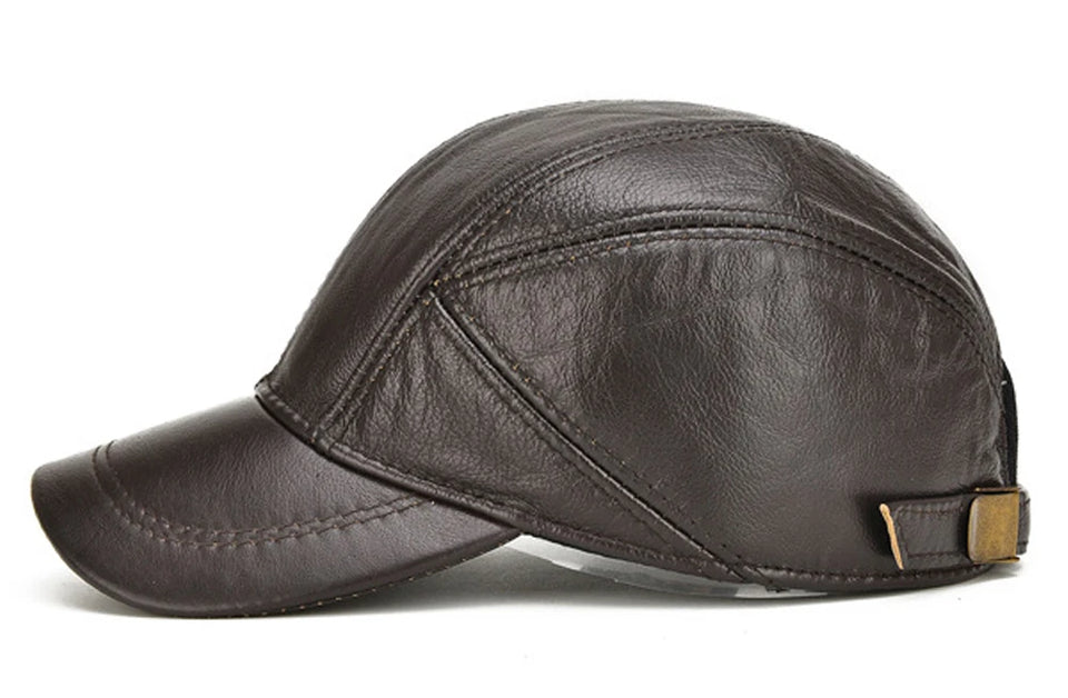 Genuine Leather Baseball Cap for Men - Cowhide Winter Hat with Earflaps
