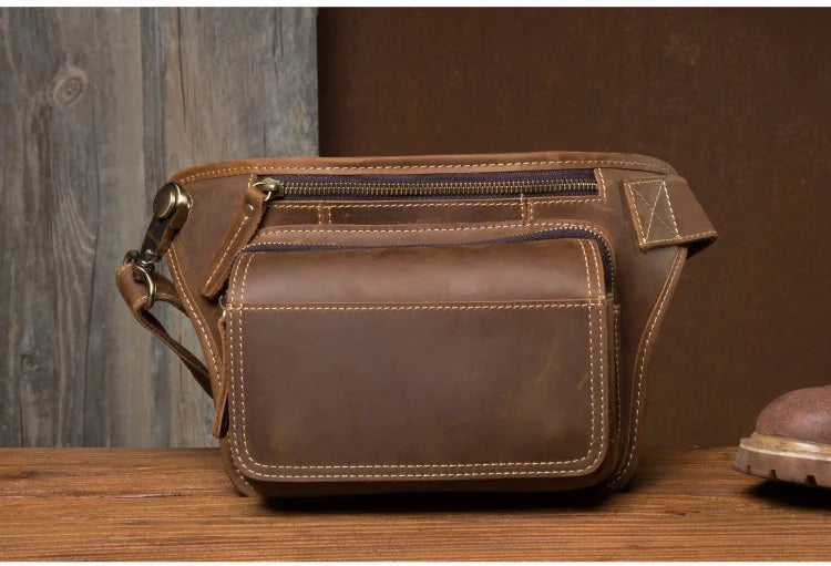 Men's Leather Crossbody Bag - Multi-Function Waist Bag for Sports & Casual Wear