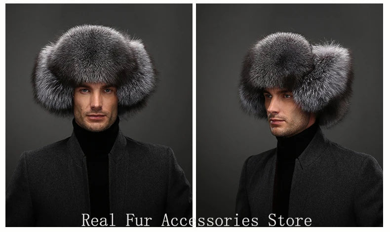 Men's Luxury Fox Fur Hat - 100% Sheepskin Ushanka with Ear Flaps