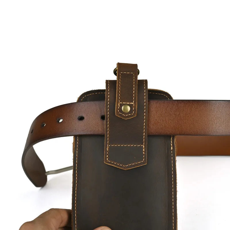 Genuine Leather Men's Belt Bag - First Layer Cowhide Waist Pouch with Hardware Clasp