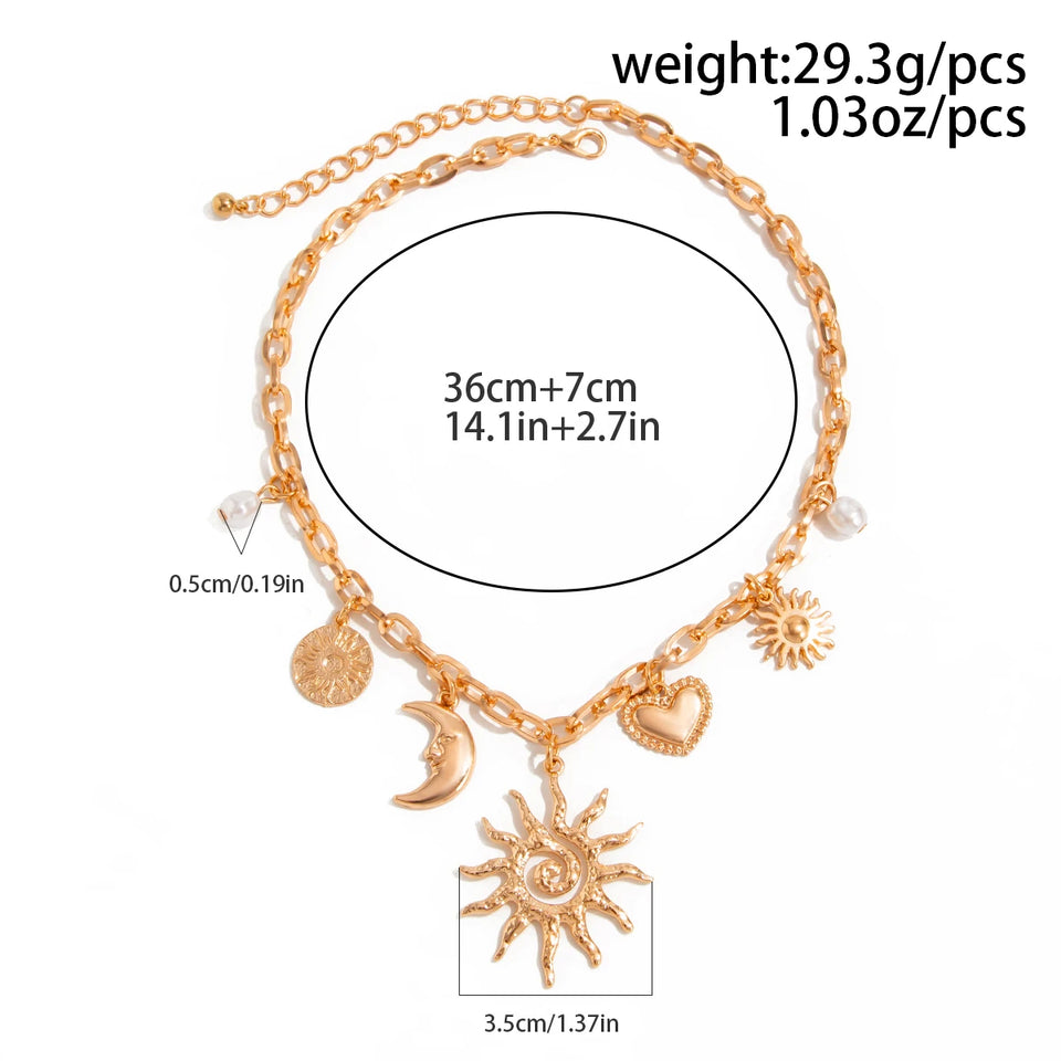 Ingemark Vintage Heart Sun Moon Necklace - Creative Alloy Chain Choker for Bridal Jewelry