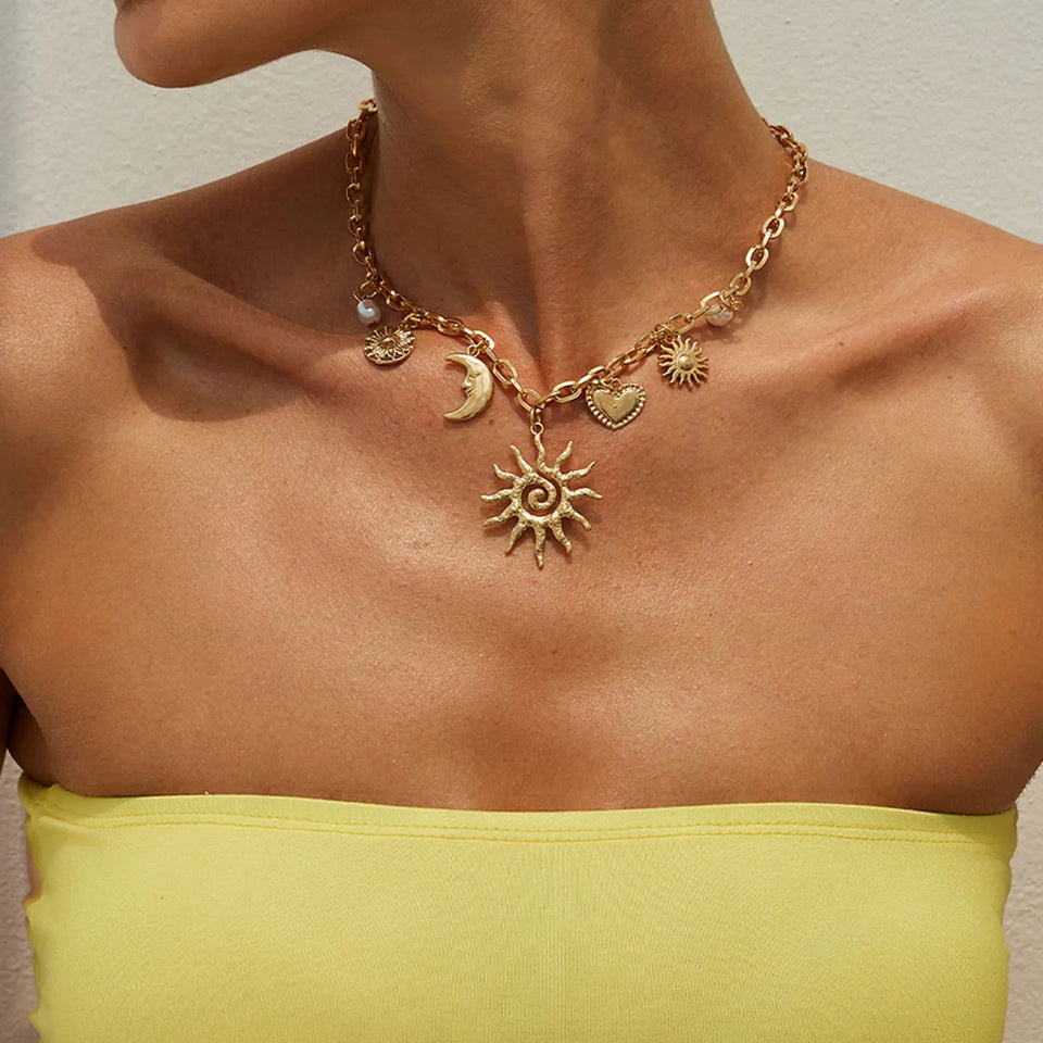 Ingemark Vintage Heart Sun Moon Necklace - Creative Alloy Chain Choker for Bridal Jewelry