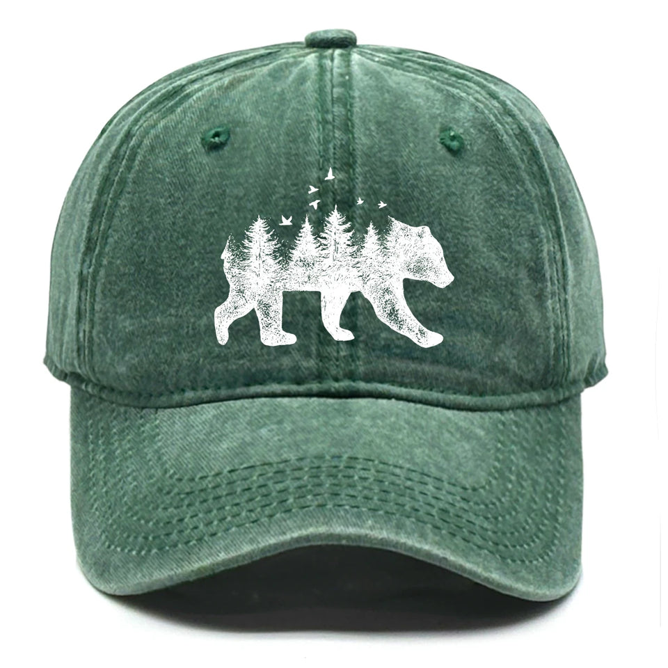 Washed Cotton Snapback Cap - Forest Bear Distressed Baseball Hat