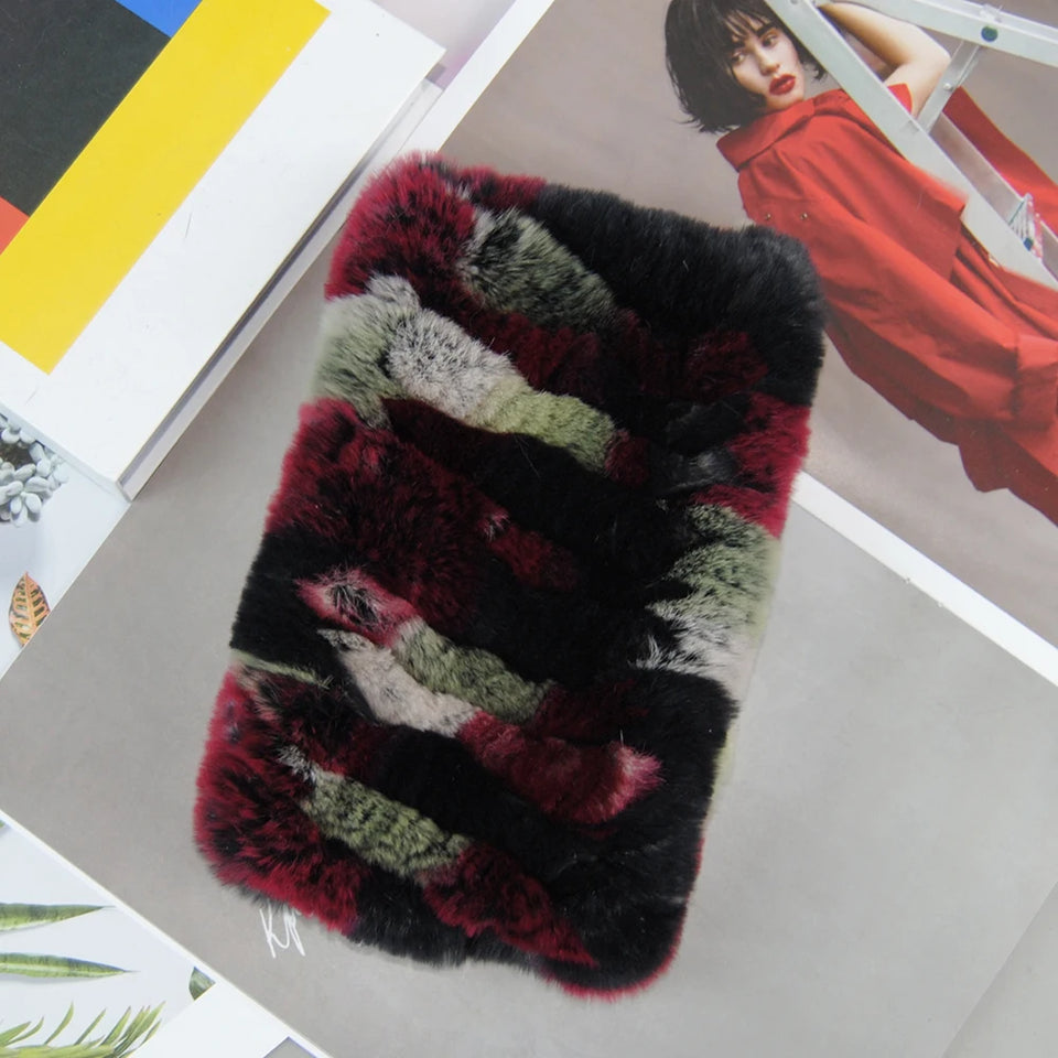 Real Rex Rabbit Fur Scarf - Women's Handmade Knit Cowl & Headband for Winter