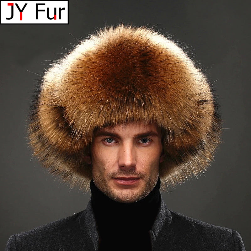 Men's Luxury Fox Fur Hat - 100% Sheepskin Ushanka with Ear Flaps