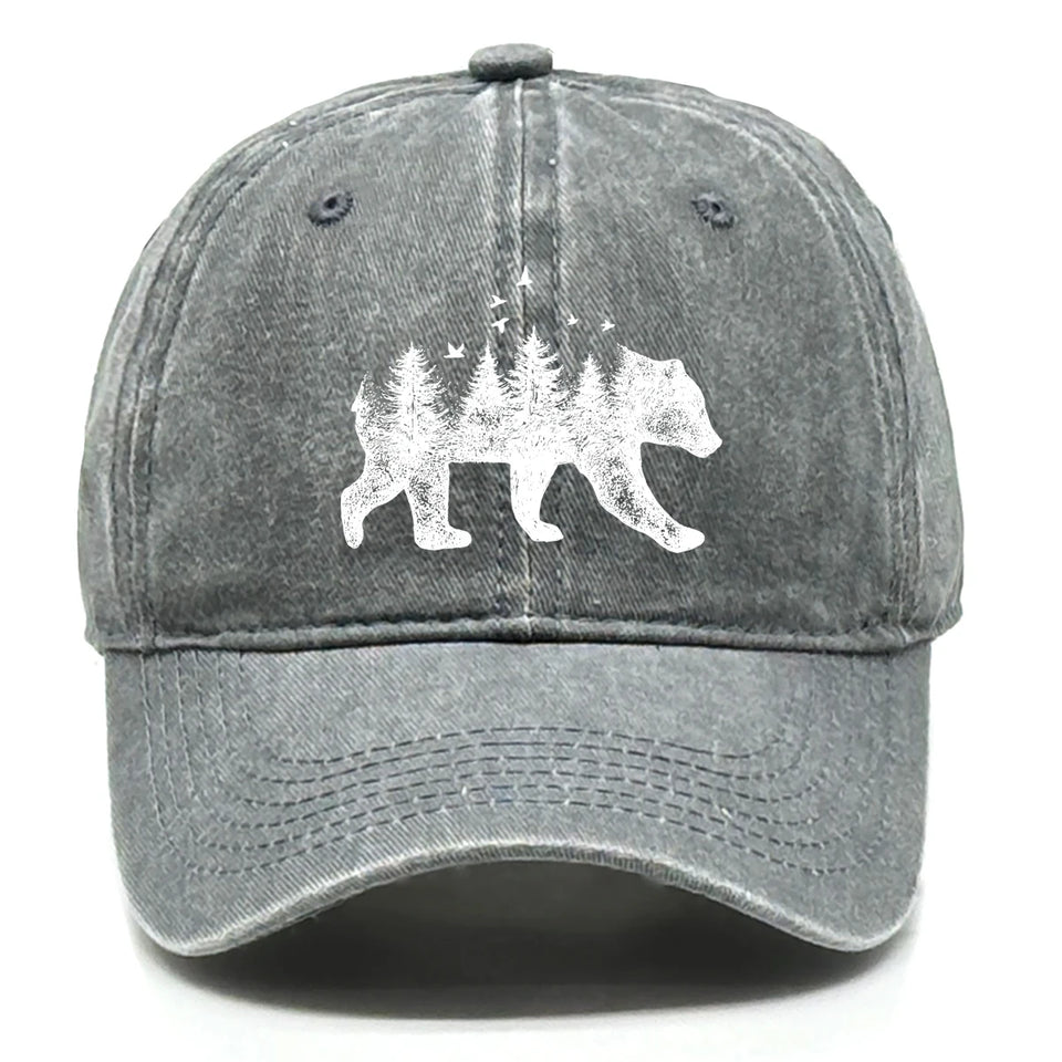 Washed Cotton Snapback Cap - Forest Bear Distressed Baseball Hat