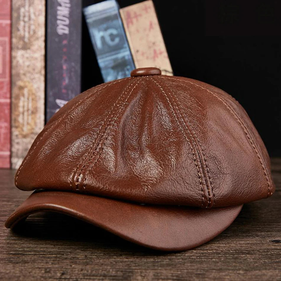 LA SPEZIA Men's Genuine Leather Newsboy Hat - Black Octagonal Cap with Vintage Style