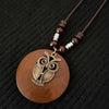 Retro Wooden Leaf Owl Necklace - Women's Long Chain with Clock Pendant Jewelry