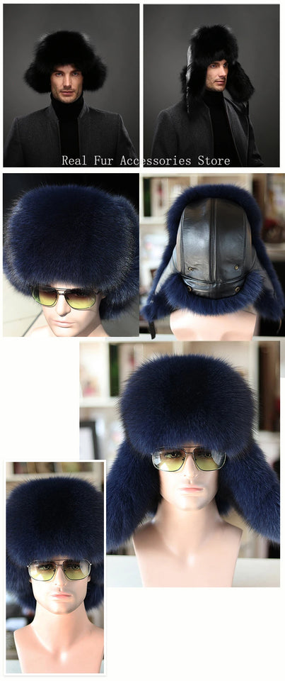 Men's Luxury Fox Fur Hat - 100% Sheepskin Ushanka with Ear Flaps