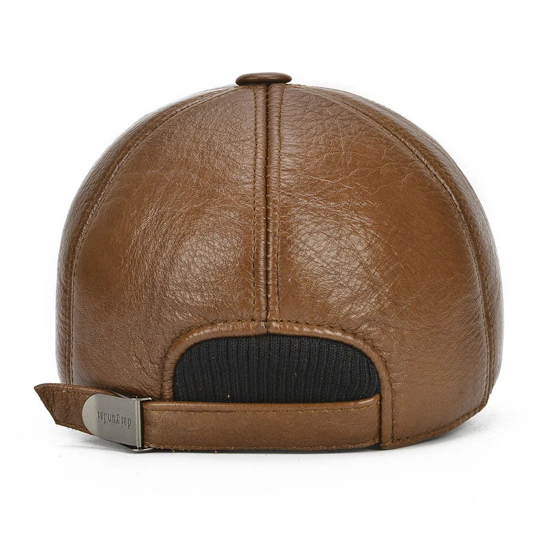 Adjustable Men's Genuine Cowhide Leather Baseball Cap - Fall Winter Sports Hat
