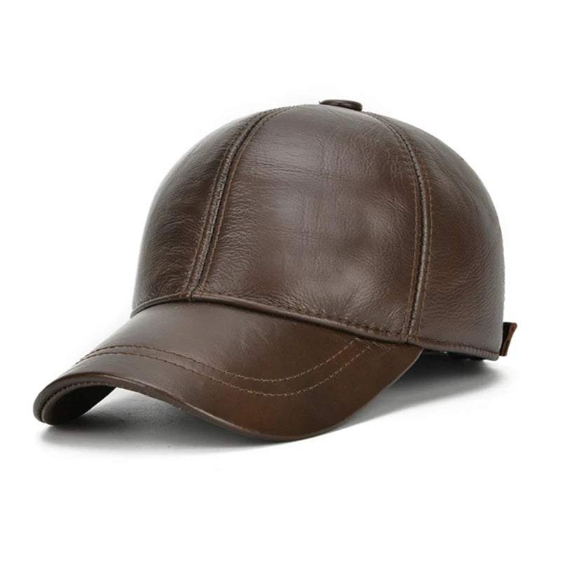 Adjustable Men's Genuine Cowhide Leather Baseball Cap - Fall Winter Sports Hat