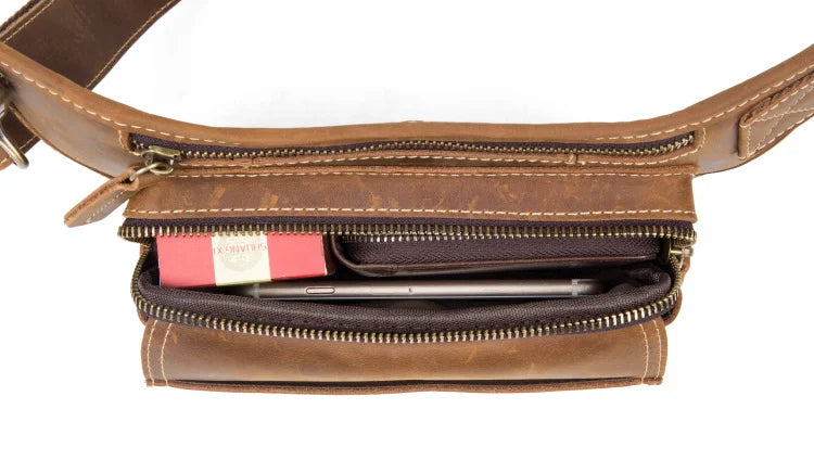 Men's Leather Crossbody Bag - Multi-Function Waist Bag for Sports & Casual Wear