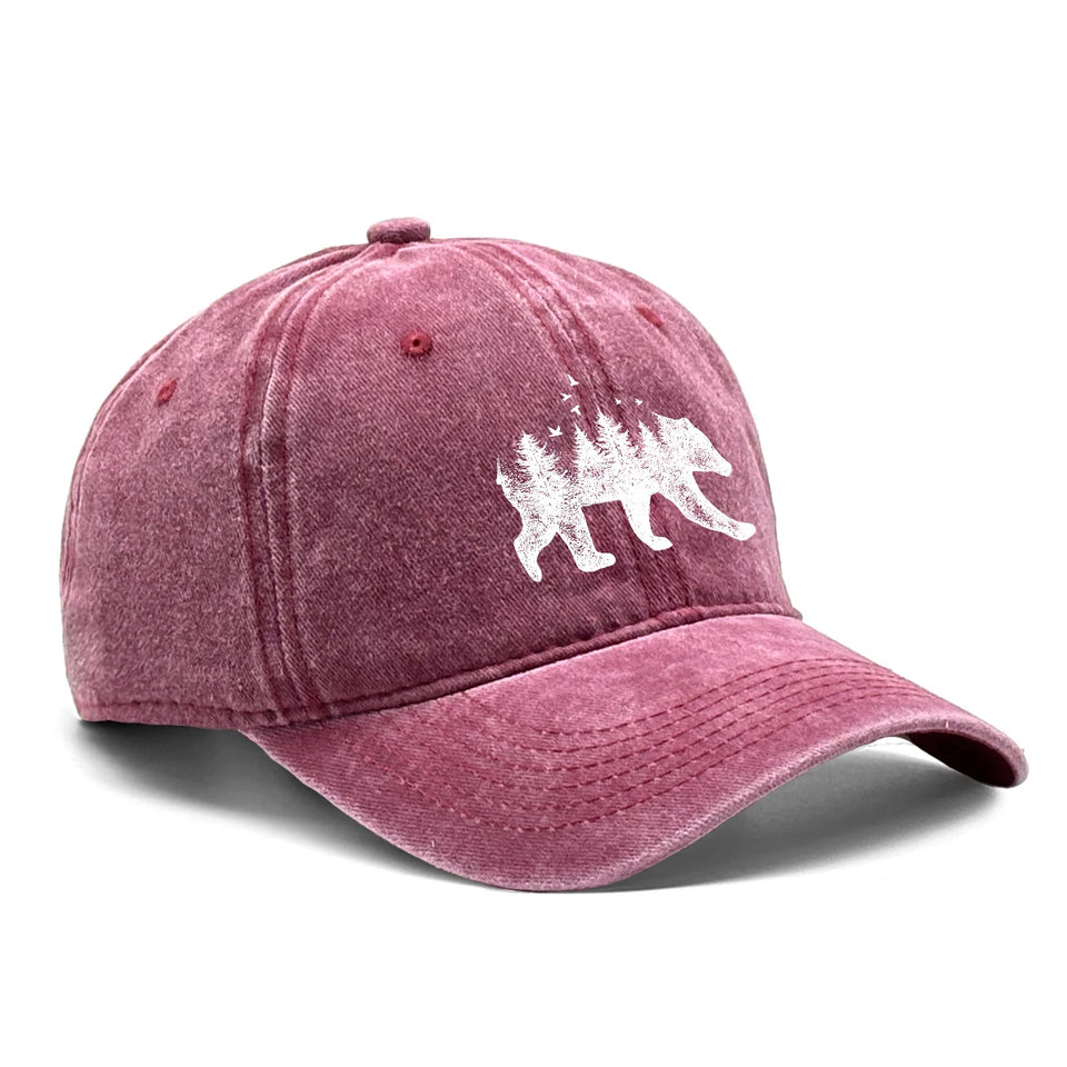 Washed Cotton Snapback Cap - Forest Bear Distressed Baseball Hat