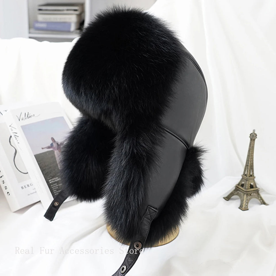 Men's Luxury Fox Fur Hat - 100% Sheepskin Ushanka with Ear Flaps