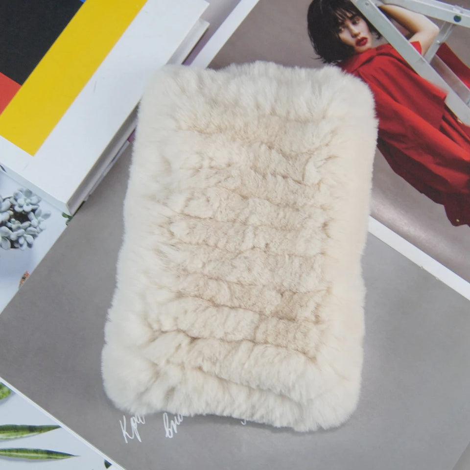Real Rex Rabbit Fur Scarf - Women's Handmade Knit Cowl & Headband for Winter