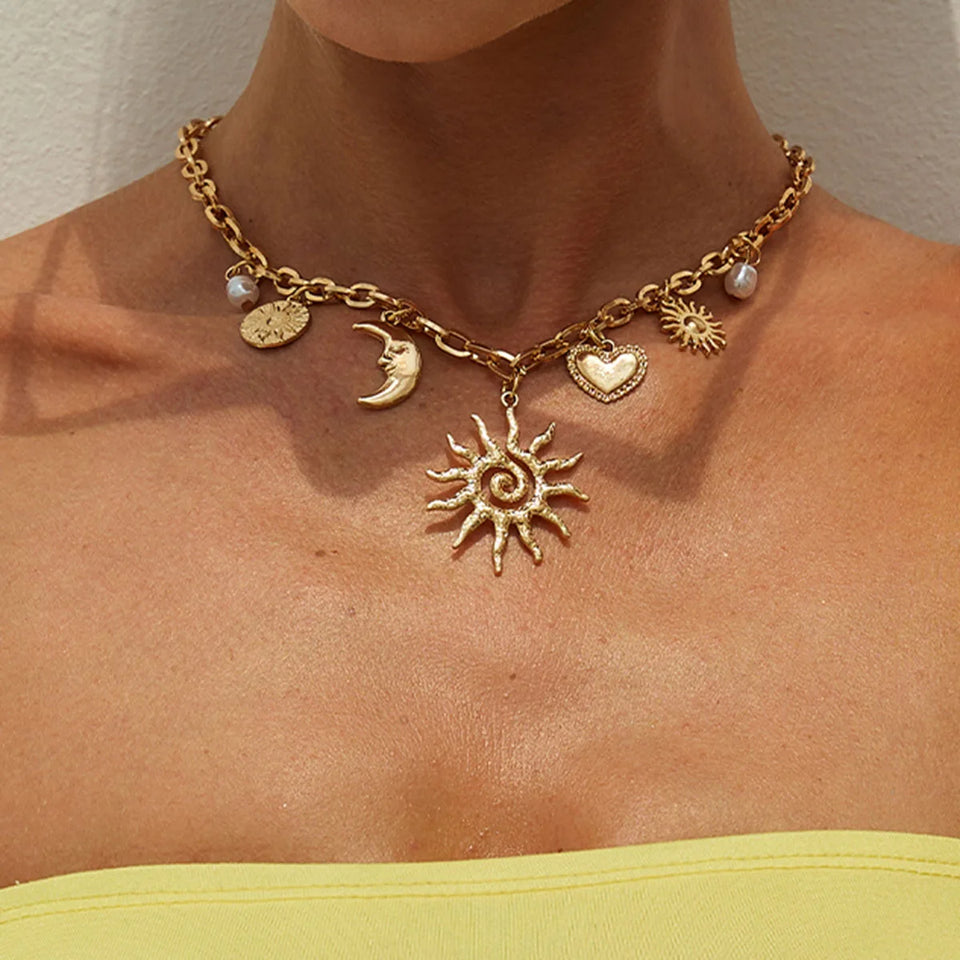 Ingemark Vintage Heart Sun Moon Necklace - Creative Alloy Chain Choker for Bridal Jewelry